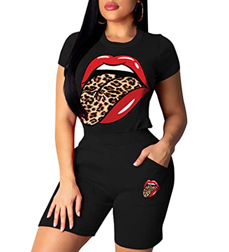 ksotutm Women 2 Piece Outfits Sports Tracksuit Sequin Lips Print Top+ Sexy Shorts Pants Sets Two Piece Outfits for Women