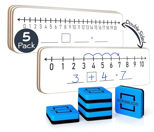 SCRIBBLEDO 5 Pack Dry Erase Number Line White Boards 4x12Inch Lapboard Durable Portable Double Sided Numbers 1 Thru 10 and 20 Math White Board for Kids Students Classroom Whiteboard Math Manipulatives