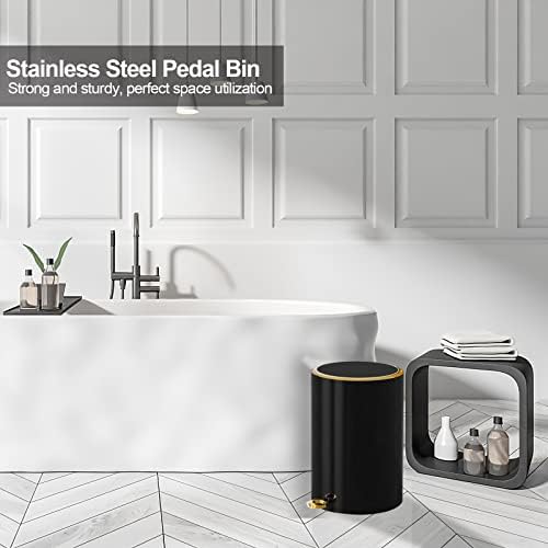GONICVIN Pedal Bin, 6L Round Stainless Steel Bathroom Bin Kitchen Bin with Metal Lid, Rubbish Bin Trash Bin Waste Basket with Removable Inner Bucket for Kitchen, Home, Office (Black)