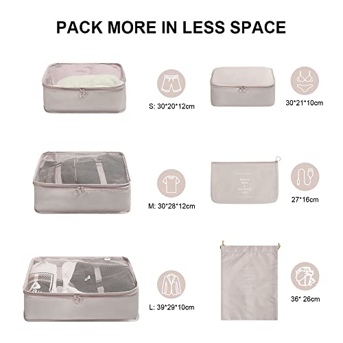 OSDUE Packing Cubes for Suitcases, 6 PCS Travel Luggage Packing Organizers Waterproof Travel Essentials Bag Accessories, Clothes Cosmetics Toiletries Storage Bags, Beige