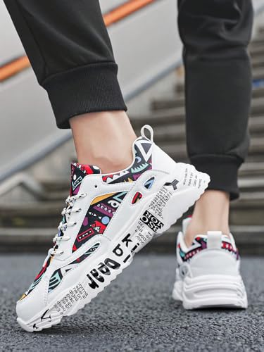 Men's White Thick-Soled Athletic Shoes With Graffiti Pattern, Lace-Up Front, Comfortable, Lightweight, Round Toe, Versatile, Breathable, Suitable For Walking, Casual, Sports And Campus Youth Style3
