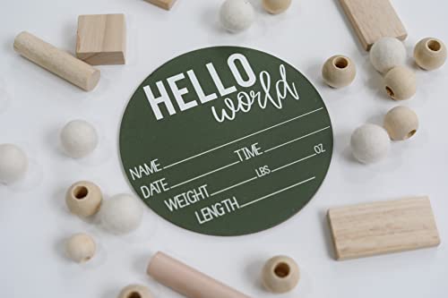 Image of Baby Announcement Sign for Newborn Boys and Girls (Color Bases) - Hello World Nursery Decor Sign & Photo Prop for Babies Made of Birch Wood - 6 inch Circle Board (Green)