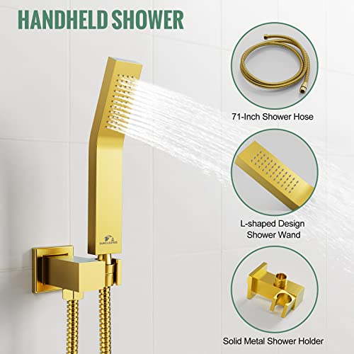 Suncleanse Rainfall Shower System Brushed Gold Ceiling Mounted Shower System Combo Set With High Pressure 12 Inches Square Rain Shower Head Handheld And Shower Faucet Rough-In Mixer Valve And Trim #TOP4