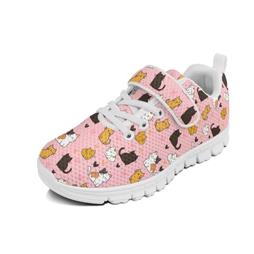 Kids Boys Girls Running Shoes Comfortable Lightweight Slip on Sneakers Athletic Tennis Shoes Cute Cats Pattern（White Sole）