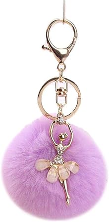 Purple Lovely Rhinestone Inlaid Dancing Ballet Girl Pom Pom Keychains Fluffy Plush Ball Pendants Key Chain Charming Women, Dance Keychain, Fluffy Ball Keychain, Womens Keyrings and Keychains