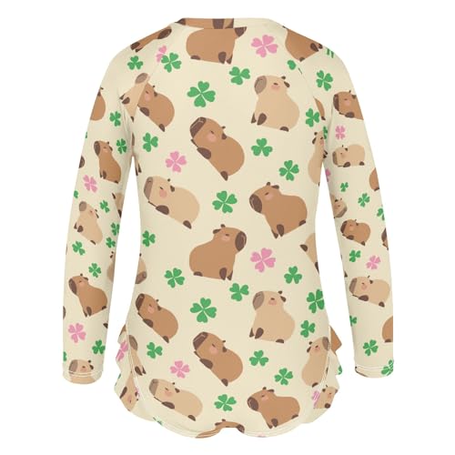 Capybara with Lucky Clover Yellow Girls One Piece Rash Guard Swimsuit, Girls Long Sleeve Swimwear for 3-12Y3