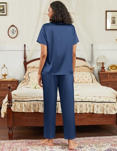 Image of Ekouaer Satin Pajamas Set for Women Silk Button Down Sleepwear Short Sleeve Loungewear 2 Pieces Nightwear