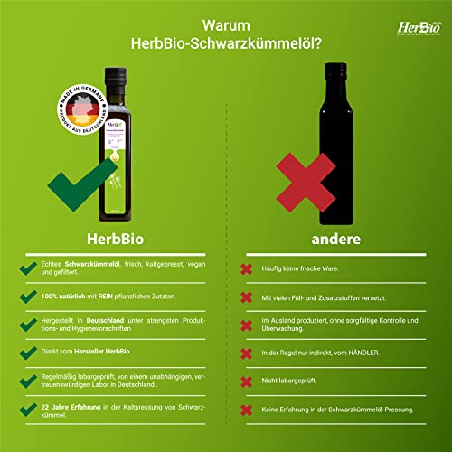 HerbBio Schwarzkümmelöl kaltgepresst gefiltert 3X250ml - schonend kaltgepresst in Rohkostqualität - 100% naturrein Black seed oil - täglich mühlenfrisch direkt vom HerbBio - Made in Germany