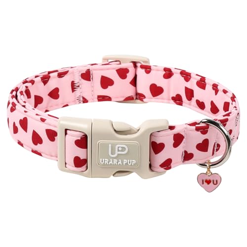 Image of Valentine's Dog Collar, UP URARA PUP Pink Love Heart Adjustable Pet Collar with Bowknot Charm, Adorable Wedding Dog Accessories for Small Medium Large Dogs