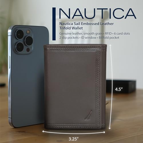 Nautica Men's Trifold Wallet | RFID Blocking Protection | ID Window | Card Slots | Genuine Leather | Durable4