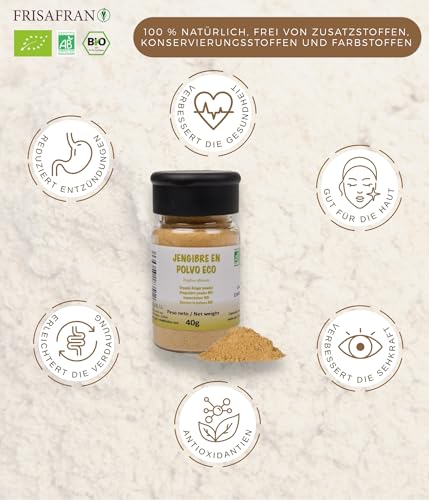 FRISAFRAN | Ingwer Gemahlen BIO | Ingwerpulver | 40g | Ingwerpulver naturrein | Ohne Zusätze | vegan | Getrockneter Ingwer | Ingwer Bio Pulver | Ingwer Gewürz | Ingwer Gemahlen | Gemahlener Ingwer