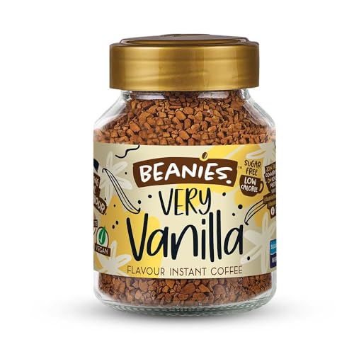 Beanies Instant Coffee Very Vanilla Flavour, 400g 50g x 8 Pack - Freeze Dried Granules, Sugar Free Low Calorie Coffee, Vegan Friendly, Smooth Light Brew for Daily Wellness