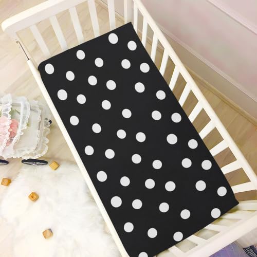 Image of White Polka Dot Black Crib Sheets Soft Breathable Fitted Baby Crib Sheets Mattress Cover for Girls Boys, 52 inch x 28 inch x 9 inch