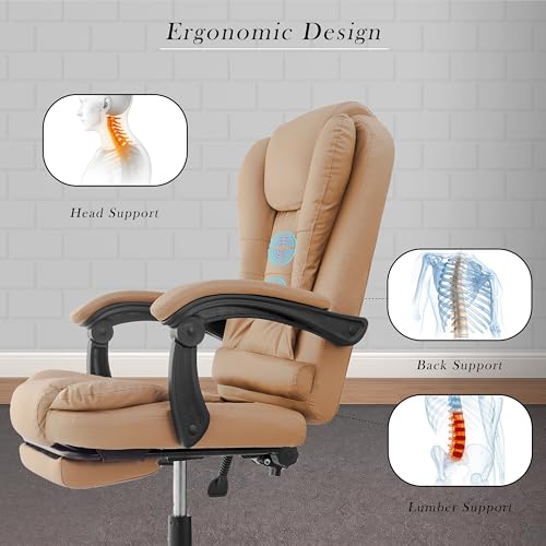 Image of Italia Leatherette Office Chair for Work | Boss Chair, Luxurious Cushioned Arms & Seat, 2 Point Back Massager, Adjustable Leg Rest, Heavy Duty Metal Base (Beige)