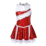 CNYUON Mädchen Glänzende Pailletten Cheerleading Uniform Ballett Gymnastik Trikot Kleid for Tanzen Wettbewerb Kinder Eiskunstlauf mit Accessoires(Red,8)