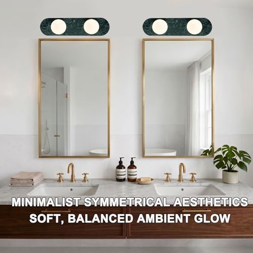 Image of Modern Green Marble Wall Sconce, Natural Stone Wall Lamp with Etched Opal Glass Shade, Mid-Century Minimalist Hardwired Wall Light for Bathroom Vanity, Bedroom, Living Room, Hallway 17.7in
