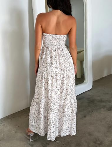 Image of Women Floral Print Maxi Tube Dress Strapless Flowy Long Bandeau Dress Y2K Open Back Sundress Summer Beachwear