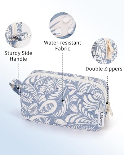 Image of Narwey Makeup Bag, Mini Makeup Pouch with Zipper, Organized Pockets for Women (Blue Leaf, Small)