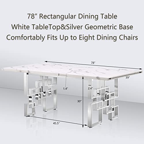 Azhome Modern Dining Table, 78 Inches Rectangular Dining Room Table For 6 To 8, White Rectangle Tabletop With Silver Stainless Steel Geometric Base #TOP2