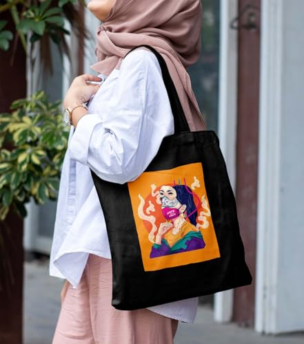 Image of ZORI Black Tote Bag With Pocket Printed Designed Canvas Tote Bags For Women large capacity,Tote bag For Shopping, College, Travel, More Canvas Handbag For Unisex Bag