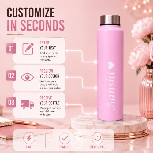 Image of Courage Personalised Stainless Steel Water Bottle 1 Litre | Custom Name Engraved Bottle | Leak-Proof, BPA-Free, Rust-Resistant | Stylish Gift for Kids, Women & Men | Office, School & Gym Use (Pink)