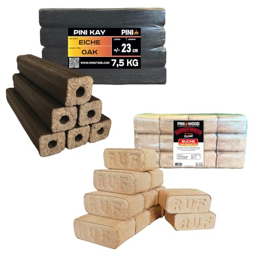Juego de briquetas de madera premium – 10 kg de briquetas RUF de haya + 7,5 kg de roble PINI Kay briquetas de madera de 23 cm para chimenea, horno y barbacoa
