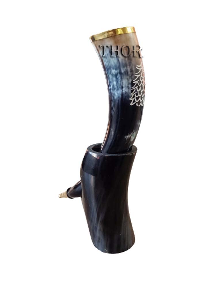 Viking Wolf Drinking Horns - Real Buffalo Horn Mugs for Men & Women - Wolf Design for Mead & Beer