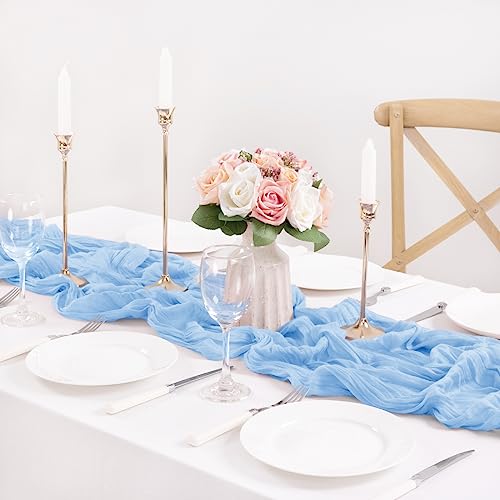 Image of MLMC 12 Pack Baby Blue Cheesecloth Table Runner 10ft Rustic Light Blue Baby Shower Table Runner Bulk 35x120 Inches for Wedding Birthday Baby Shower Gender Reveal Decor