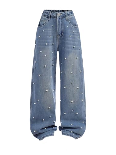WDIRARA Girl's Pearl Beaded Elastic Waist Wide Leg Jeans Loose Denim Pants