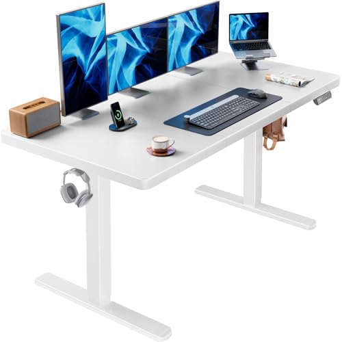 Image of HUANUO 60 x 30 inch Large Standing Desk, Powerful Brushless Motor Large Height Adjustable Table, 4 Memory Preset Stand Up Work Station Sit Stand Desk, Home Office with Thick T-Shaped Frame,White