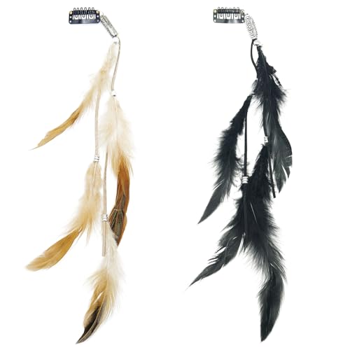 Vintage Handmade Feather Hair Clips and Extensions - 13 Inch Colorful Boho Hair Accessories for Women, Party Decor, DIY (Brown + Black, 2 Pcs)