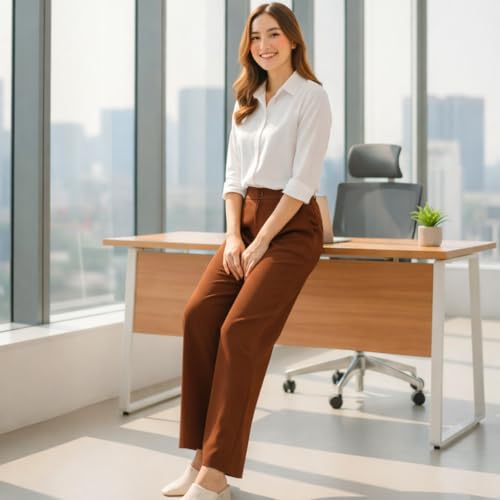 Image of Women's Formal Trousers | Stretch & Regular Fabric Options | Straight Fit Office Wear Pants with Pockets | Casual Trouser for Womens