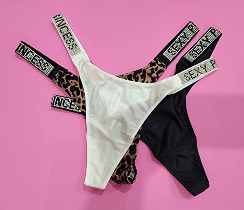Underella Brazilian Bikini Panties With Rhinestone Straps 3-Pack (L, Black+White+Animal Print) #TOP1