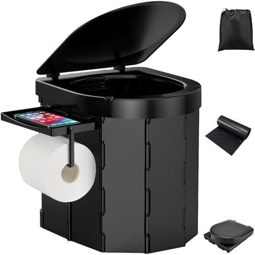 PAHTTO Portable Foldable Toilet for Adults with Detachable Phone Shelf and Paper Holder, Waterproof Porta Potty with Lid for Camping, Hiking, Long Road Trips, Car, Black