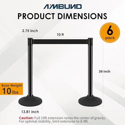Image of 6 Pack Stanchions with Retractable Belts - Heavy Duty Crowd Control Barriers with Weighted Rubber Base, Retractable Belt Stanchions for Queue Line, Events, Public Safety(Black,6 Pack)