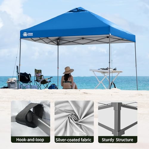 Image of CROWN SHADES Adjustable Height on The Fly, 10x10 Pop Up Canopy - Beach Tent with One Push Setup - Easy Outdoor Sun Shade for Events, Parties, Camping - Outside Shade with STO-N-Go Bag, Blue