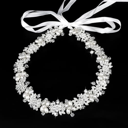 1 Pack Flower Girl Hair Accessory, Flower Headband, Weddings Hair Accessories, Tiara for Little Girl - Pearl & Silver Flower Crown Headband for Weddings, Birthdays