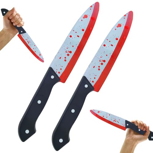 Coffee Life Plus 2 Stück halloween fake messer mit blut,Horror Kunststoffmesser,lange blutige Plastikmesser als Prank Artikel Langlebig & sicher für...