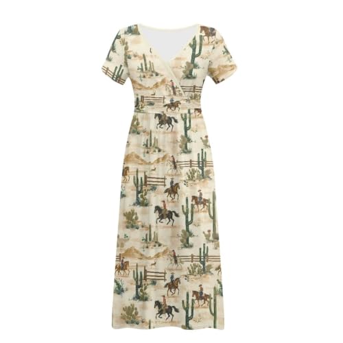 Image of Women's Fall Summer Short Sleeve Ankle Length V-Neck Party Dress with Pockets Size S-3XL