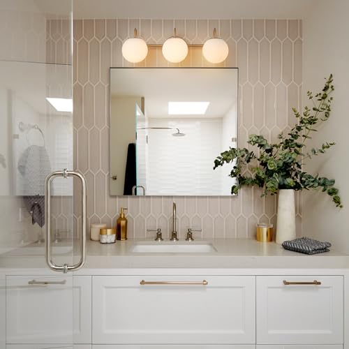 Image of Bathroom Vanity Light, 22.6-Inch Modern Dimmable 3-Light Bathroom Light Fixture Over Mirror, Brass Finish with Frosted Glass Globe Wall Sconce