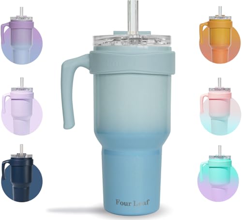 Four Leaf TrustyMate – 100% Leak Proof 40 Oz Tumbler with Handle and Built-In Straw Lid – Insulated Leak Proof Stainless Steel Tumbler (East Blue)