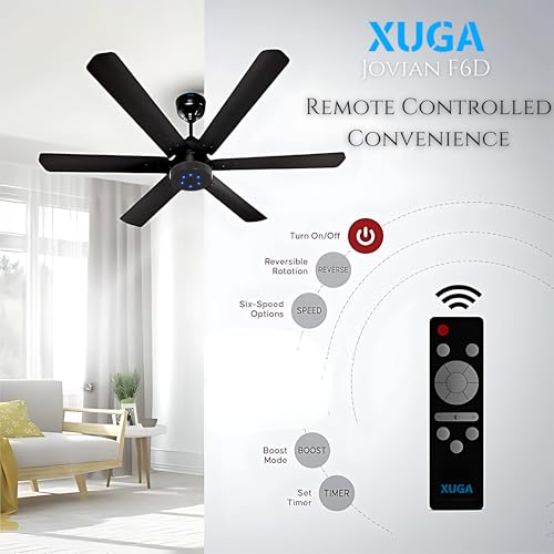 Image of XUGA Jovian F6D Premium Smart 1200mm, BEE 5-star BLDC fan,6 Blade,Remote Ceiling fan for Home, 100% Copper Motor,Energy Saving, High Air Delivery, Aesthetic LED Light (Black)(5 Year Warranty)