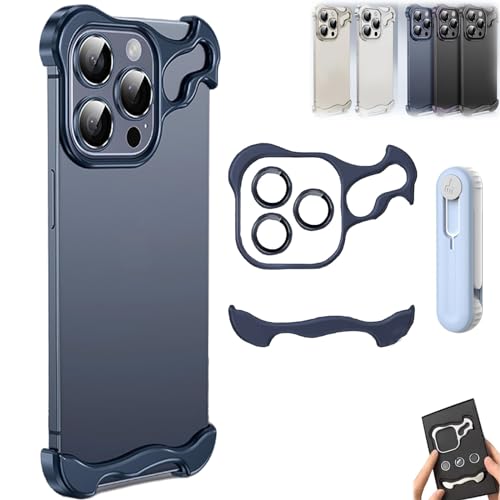 Special-Shaped Metal Corner Pad Anti-Fall Phone Case Suitable for iPhone 15 14 13 Pro Max, Frameless Aluminum Alloy Metal Corner Pad Anti-Fall Phone Case with Lens Protective Film (Blue,15Pro Max)