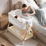 3 in 1 Baby Bassinet,Bedside/Rocking Bassinet for Baby,Bedside Crib with lockable Wheels,Waterproof Mattress,Adjustable 6 Heights,Portable Bassinets Bedside Sleeper for Newborn Infant-Beige