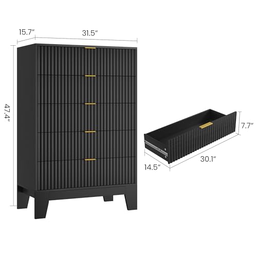 Image of Garvee 5 Drawer Dresser for Bedroom, 47 inch Tall Fluted Chest of Drawers with Metal Handle, Modern Wooden Dresser TV Stand, Clothes Storage Organizer Wood Closet for Hallway, Entryway, Black