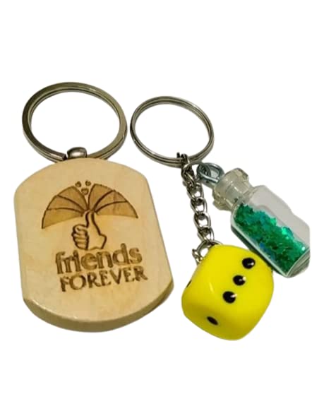 brikshi wooden freindship keyring key chain and gliter glass bottle with a dice combo multicolor_Pack of 2-picture-22