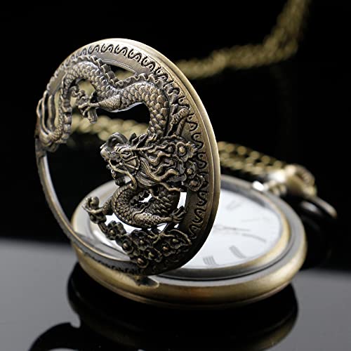 Image of Dragon Design Quartz Pocket Watch Roman Numerals with Chain Birthdays Gifts for Father's Days