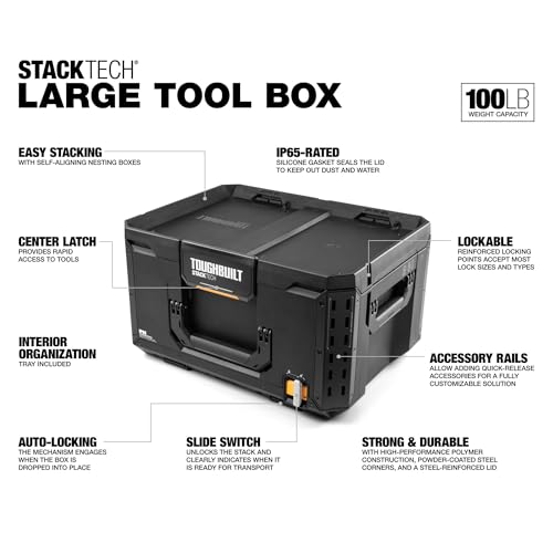 Image of ToughBuilt StackTech Large Tool Box with Auto-Locking Interface, Self-Aligning Top, One-Hand Latch, Accessory Rails, Lock Points & IP65 Protection