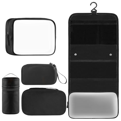 Toncoke Travel Toiletry Bag Set, Hanging Toiletry Bag Premium Faux Leather, Toiletry Bag for Women & Men, Travel Essentials Makeup Bag Water-resistant (Faux Leather Black)
