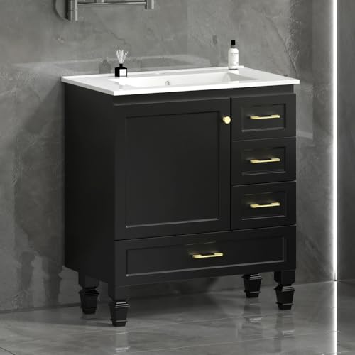 Image of KEIKI 30 inch Bathroom Vanity with Sink, Wood Cabinet with 1 Soft-Close Door & 3 Drawers, Modern Transitional Sink Cabinet for Home Bathroom, Black